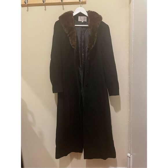 Vintage Bill Blass faux fur collar button down black overcoat luxurious size 12 - Picture 1 of 11
